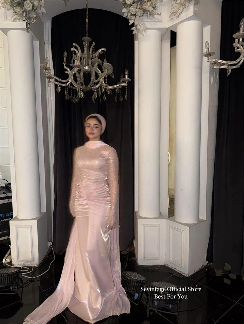 Sevintage Glitter Blush Pink Mermaid Evening Dresses Pleated Full Sleeves Luxury Prom Dresses Shawl Formal Prom Gown Customized