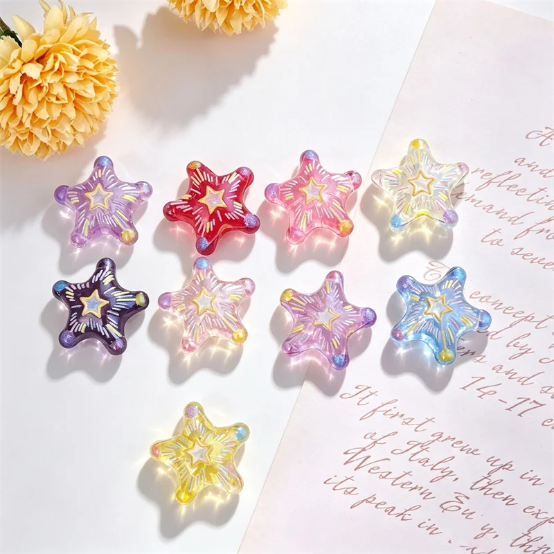 Wholesale 50pcs/lot color pattern print geometry stars shape acrylic straight hole beads diy jewelry garment hair accessory
