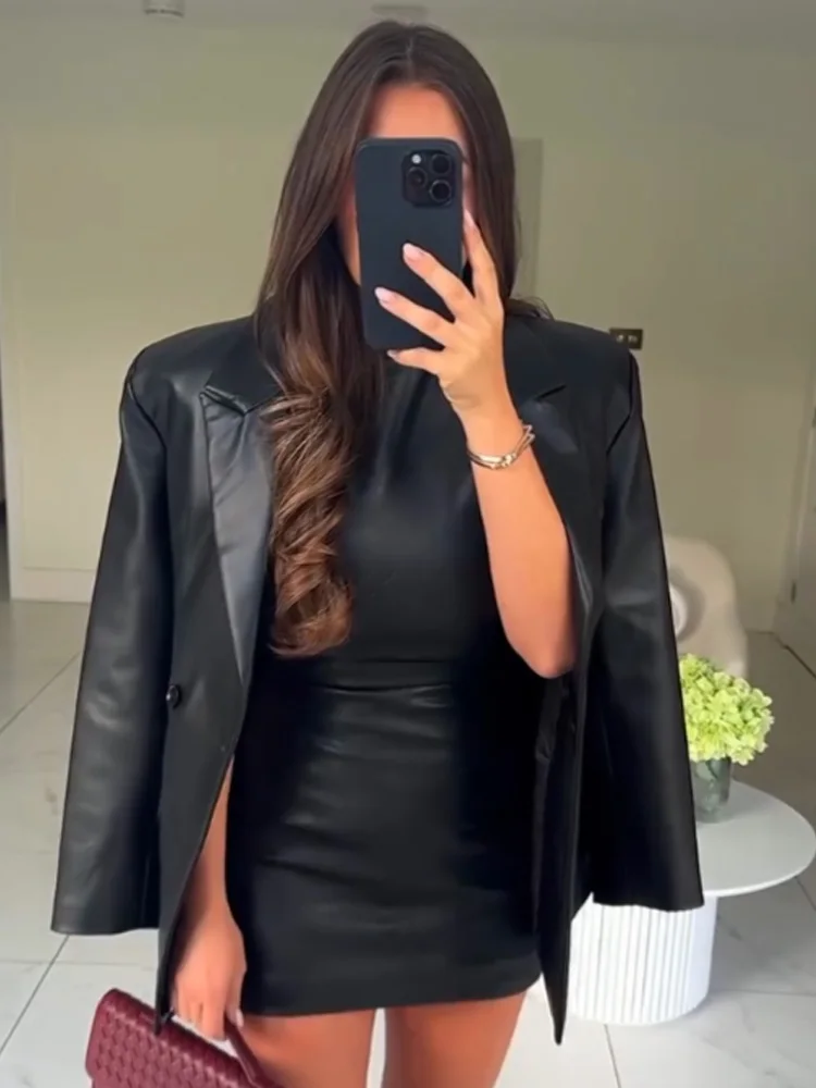 

HH Women's Fashion Retro Turn-down Collar Fit Leather Blazer Women Autumn One Button Chic Pockets Commuting Solid Slim Blazer