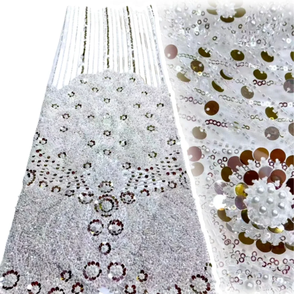 

Африканская белая кружевная ткань с блестками и бисером, красные бусины, тюль, кружевная ткань, вышитая кружевная ткань для шитья вечерних платьев AH1787