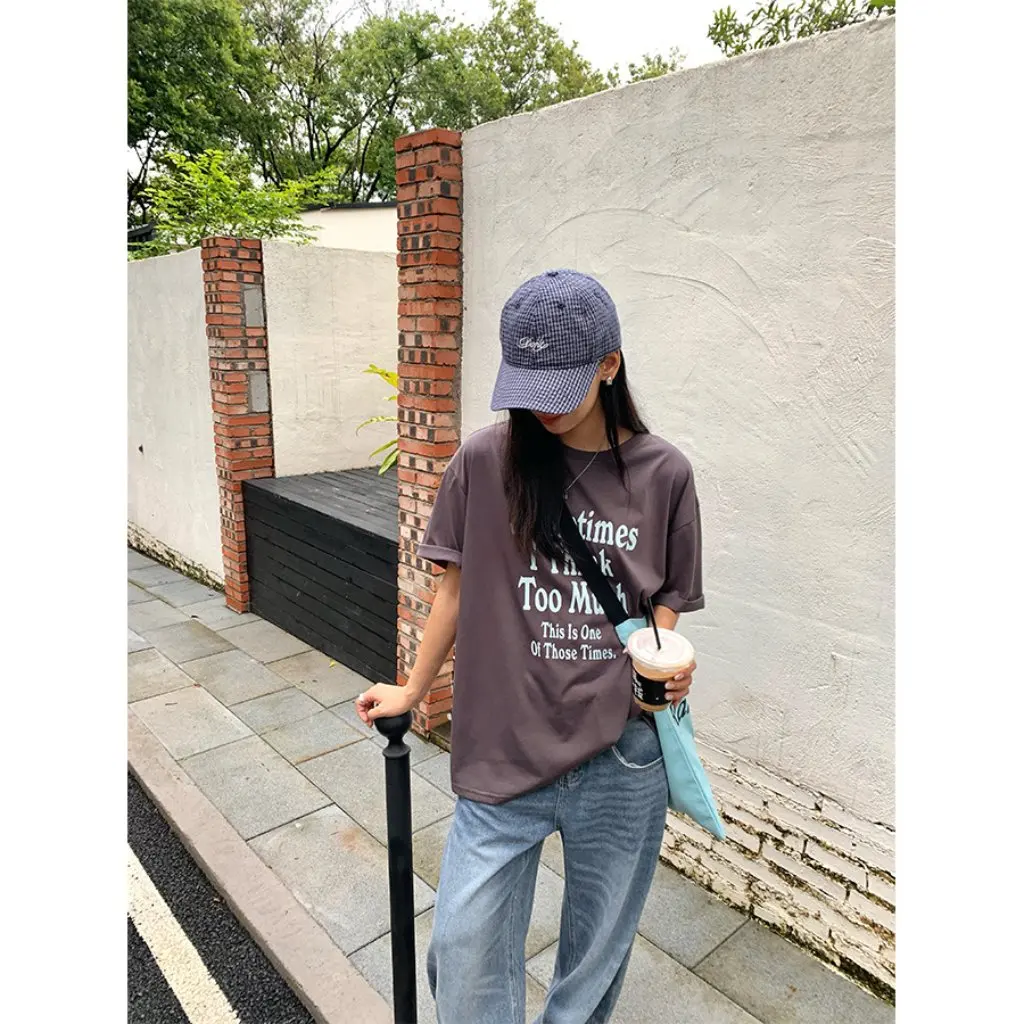 

Huang Zheng Korean Women's Short-Sleeved T-shirt Letter Print Loose Fit Versatile College Style Top New Arrival 520335