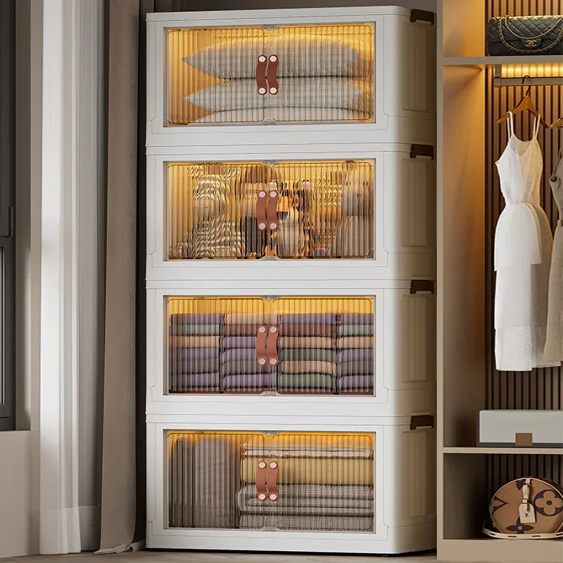 

Portable Cabinet Storage Bins Stackable Organizer Box with Caster Wheels Collapsible Toy Storage with Double Door