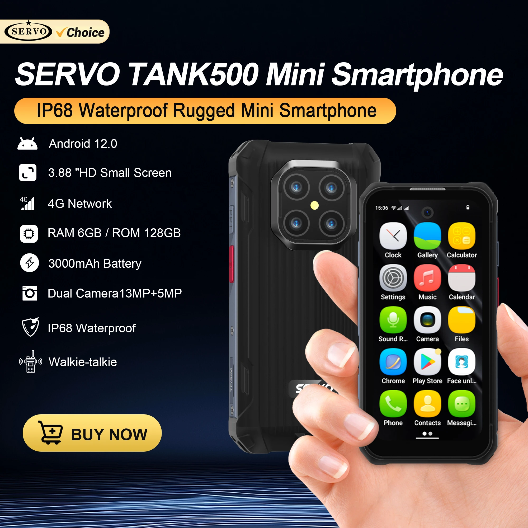 SERVO TANK500 IP68 Waterproof Mini Smartphone 4G LTE Android12 OS 6GB+128GB 13MP Camera Face Unlock 3.88