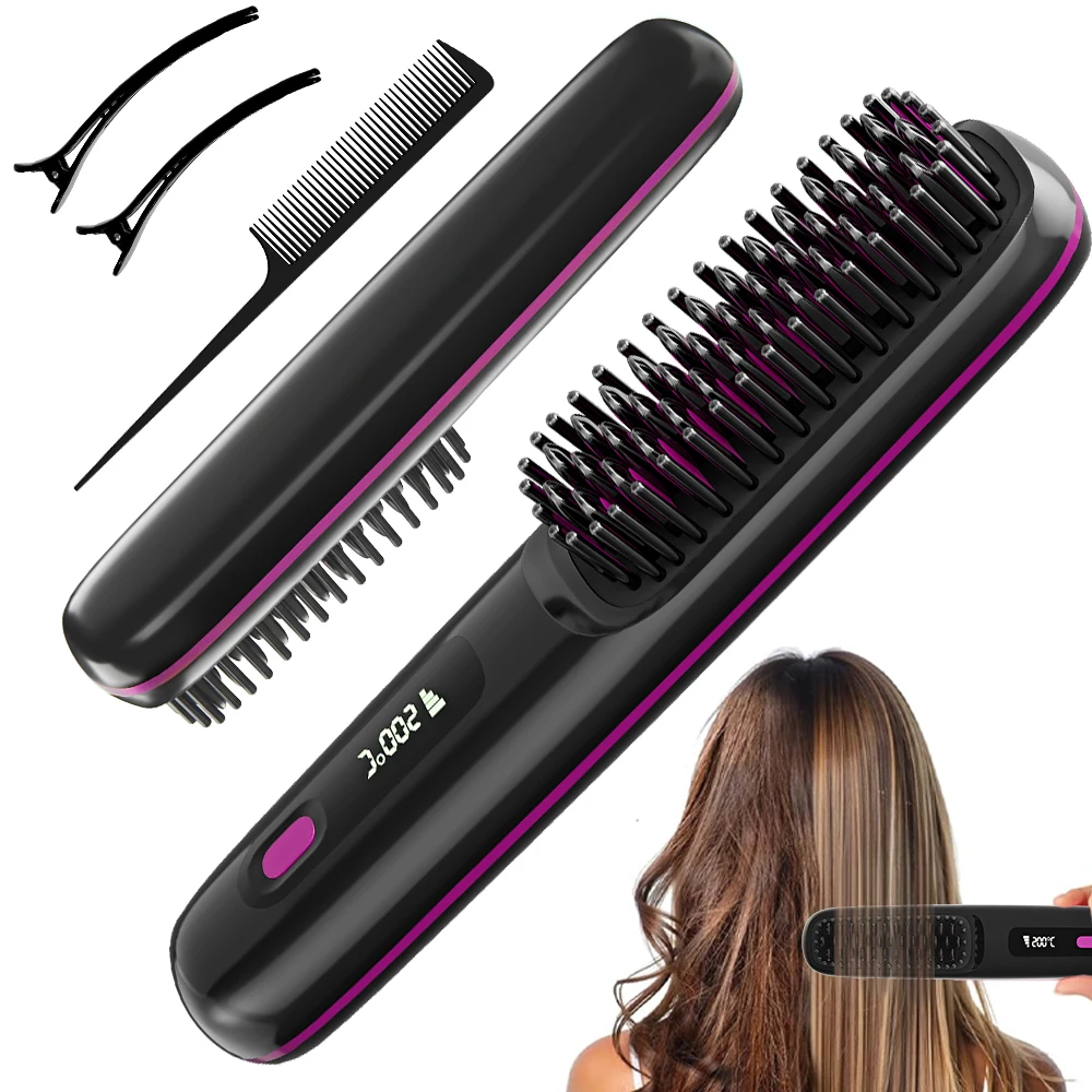 Wiederaufladbare Haarglätterbürste mit 20 s schnellen Erwärmung und 3 Temperatureinstellungen, Glättkamm mit negativen Ionen für Frauen