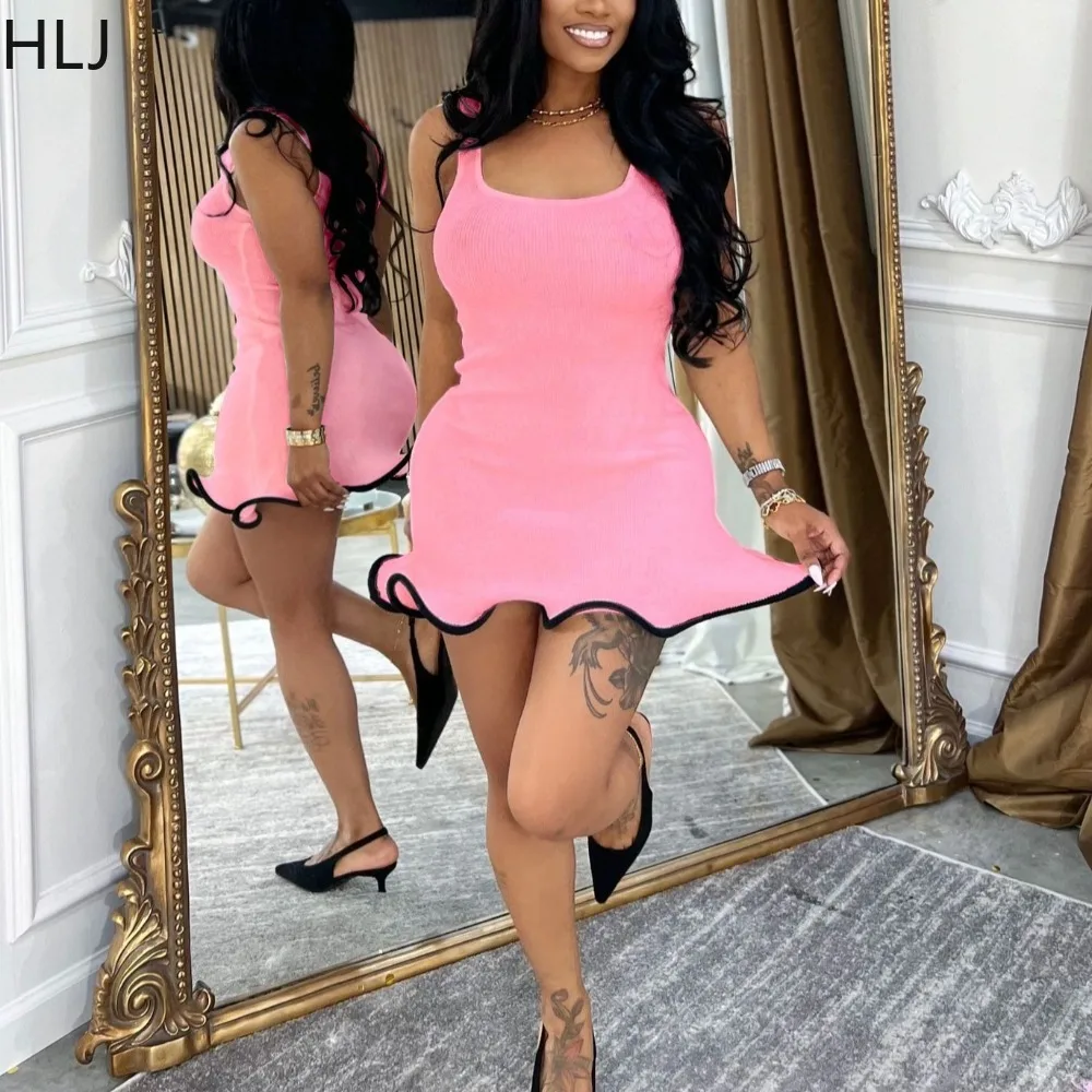 HLJ mode froncé Patchwork robes moulantes femme couleur unie Spaghetti sangle sans manches dos nu robe femme Streetwear nouveau