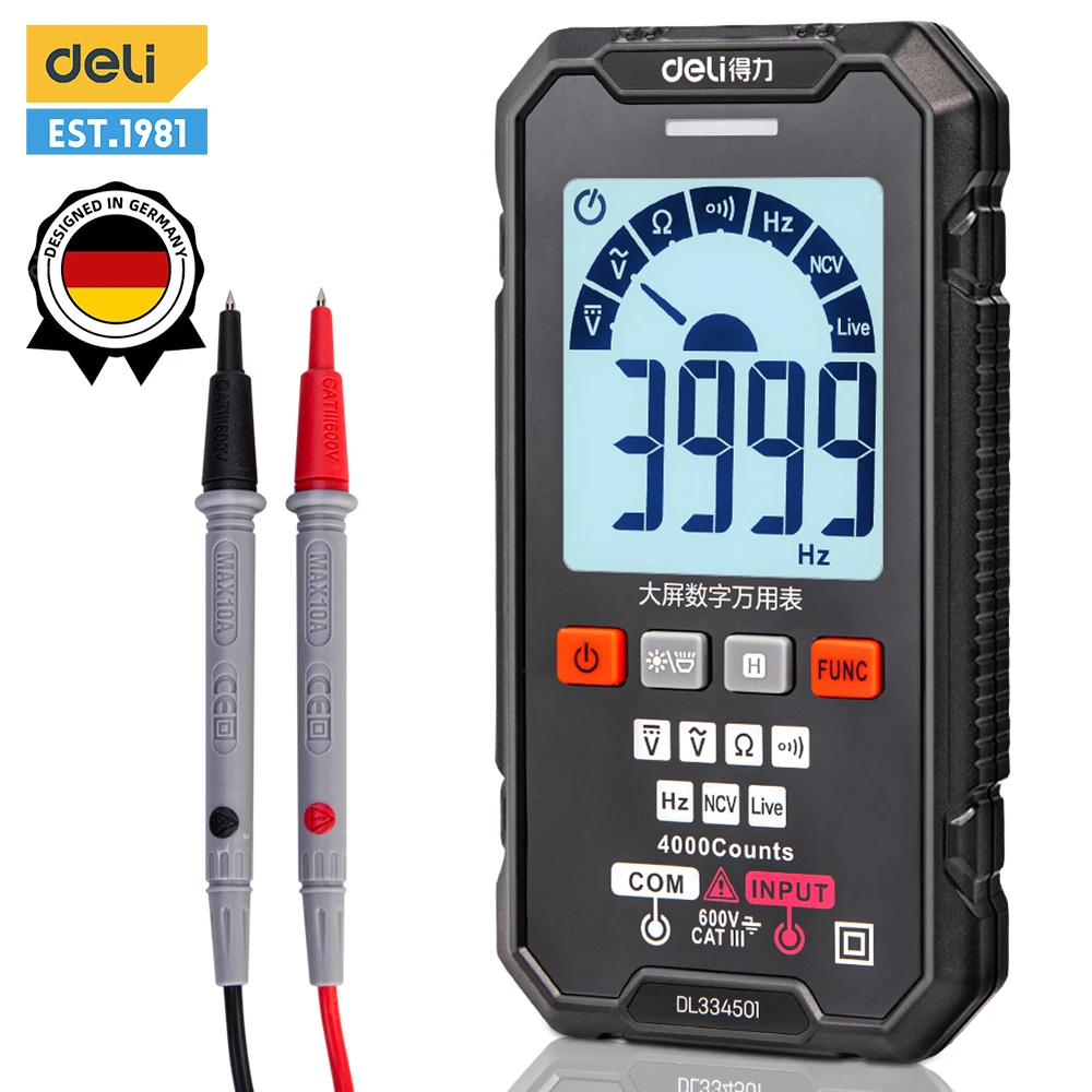 Deli 600V Digital Multimeter AC/DC Votage Current True RMS Automatic Tester 3999 Counts 40m Ohm Ammeter Handheld Multimetro