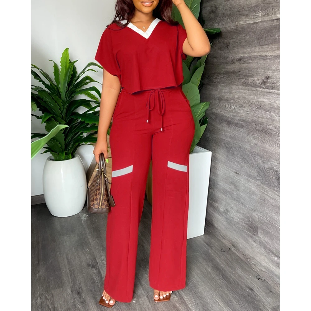 Summer Women Contrast Paneled V-Neck Short Sleeve T-shirt Top & High Waist Pants Set Causal Streetwear New In Suit 2024