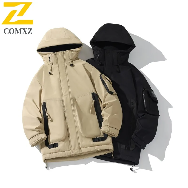 

Men's Korean Style Winter Jacket Thickened Cotton Hooded Sports Coat Warm Casual Outerwear Solid Color Male Parka with Pockets
