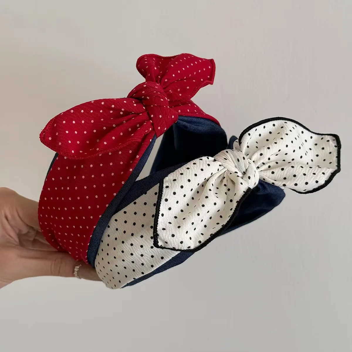 1pc Korean new polka dot denim bow wide edge headband collision sweet headband compression hair hairpin for women view 3