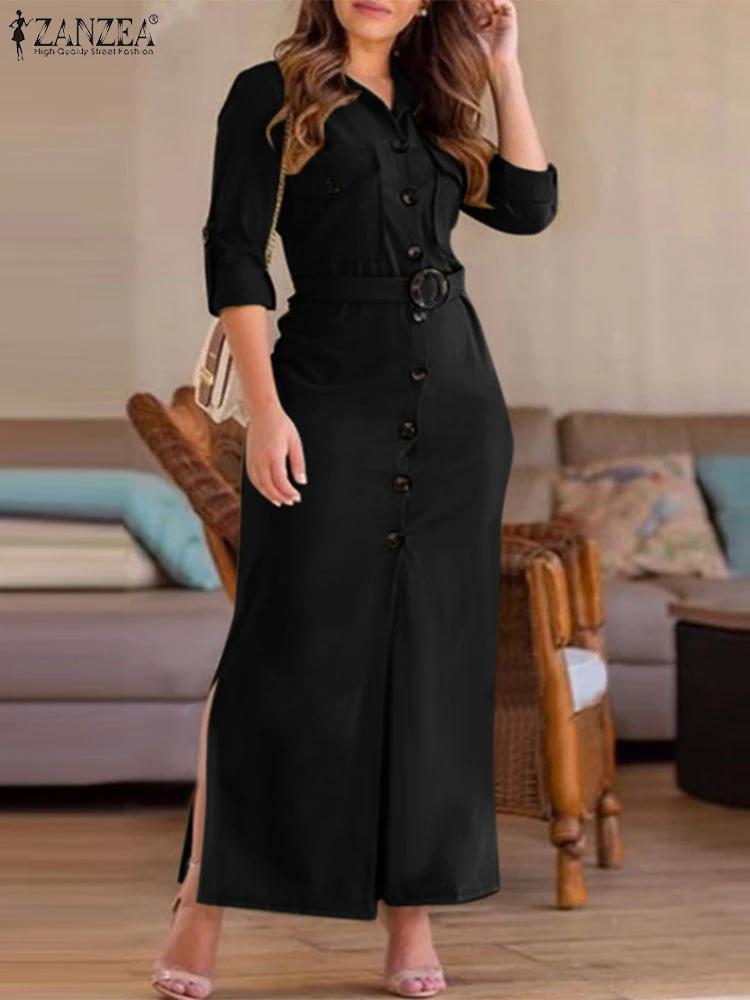 

ZANZEA Stylish Women Autumn Overalls Dress Long Sleeve Lapel Neck Work Vestidos Robe Femme Fashion Split Hem Maxi Sundress 2024