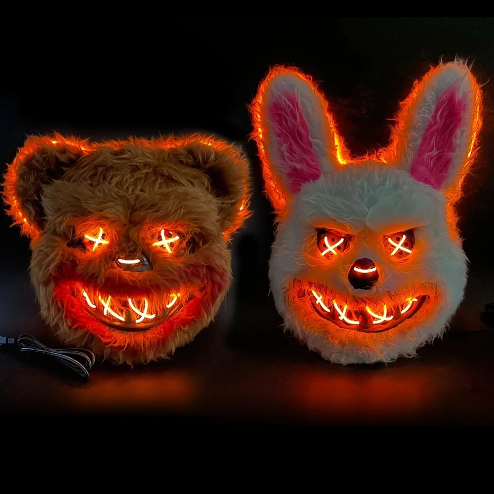 Halloween Led Bloody Plush Bunny Mask Ghost Festival Mask Realistic Bloody Bear Headgear Performance Prop Halloween Horror Mask