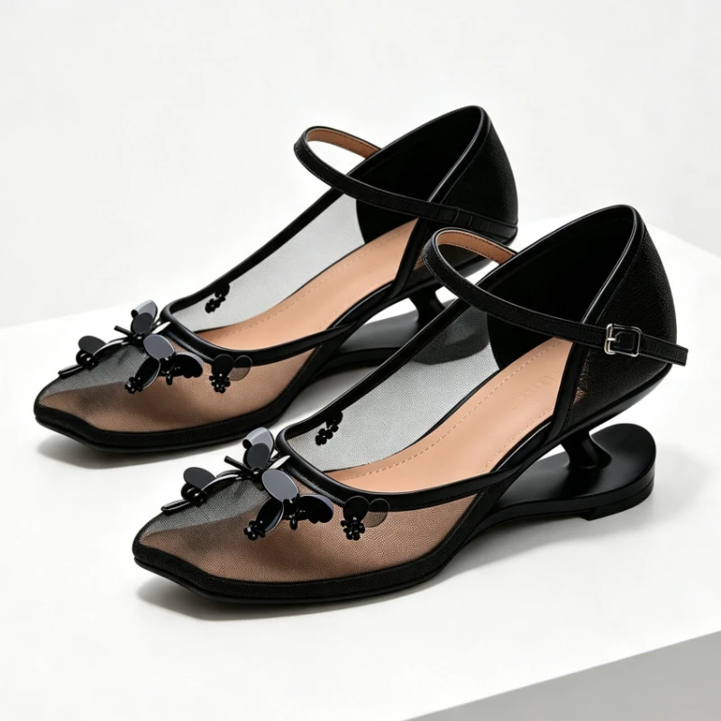 Black Mesh Strange Heel Women's Pumps and Heels Luxury Bling Detail Square-Toe Designer Shoes Street Style Comfort Casual Shoes
