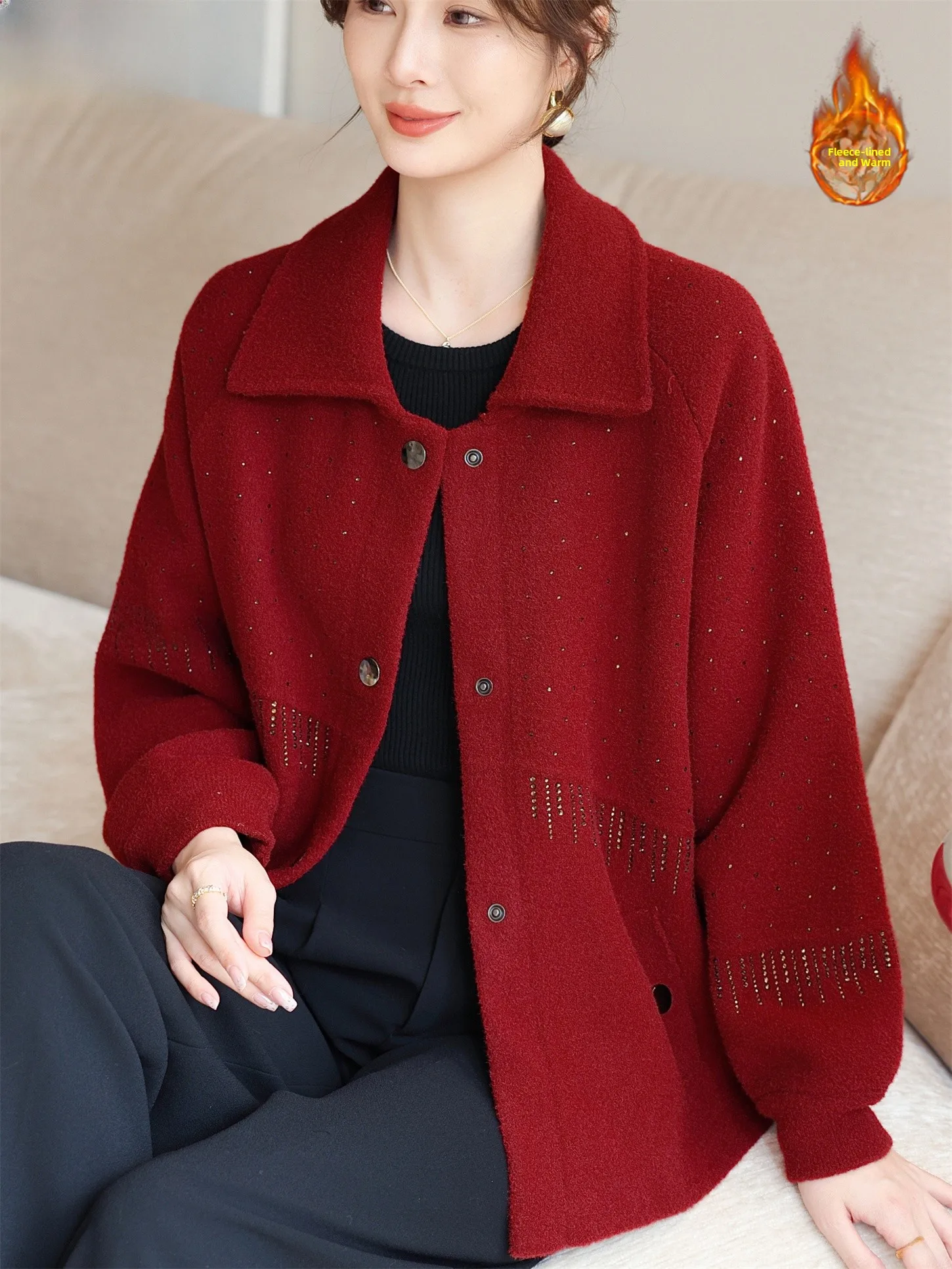 

Женское вязаное пальто Thiened Fce, красное праздничное повседневное длинное брюки, модная теплая легкая зимняя верхняя одежда, пальто