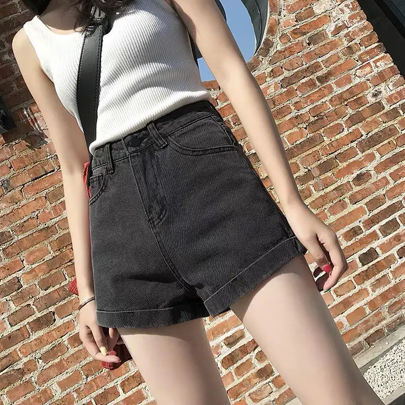 High Waist Cuffed Denim Shorts Women Summer Casual Loose Slim A-Line Shorts Wide Leg Pants  Style No Brand Registered Tr...