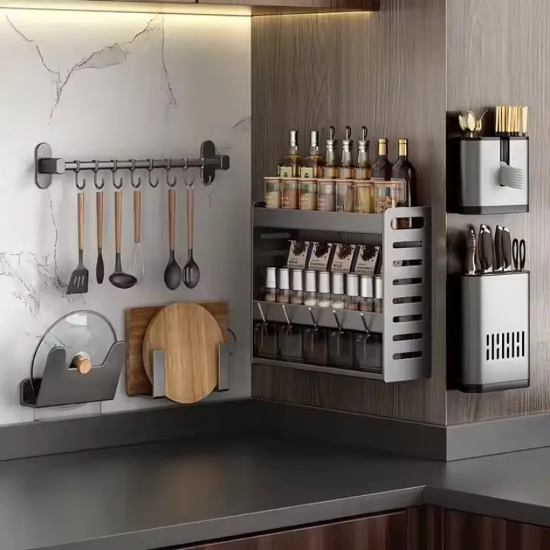 Wall-mounted non-perforated kitchen storage rack Multifunctional seasoning storage rack Microwave oven bracket rack