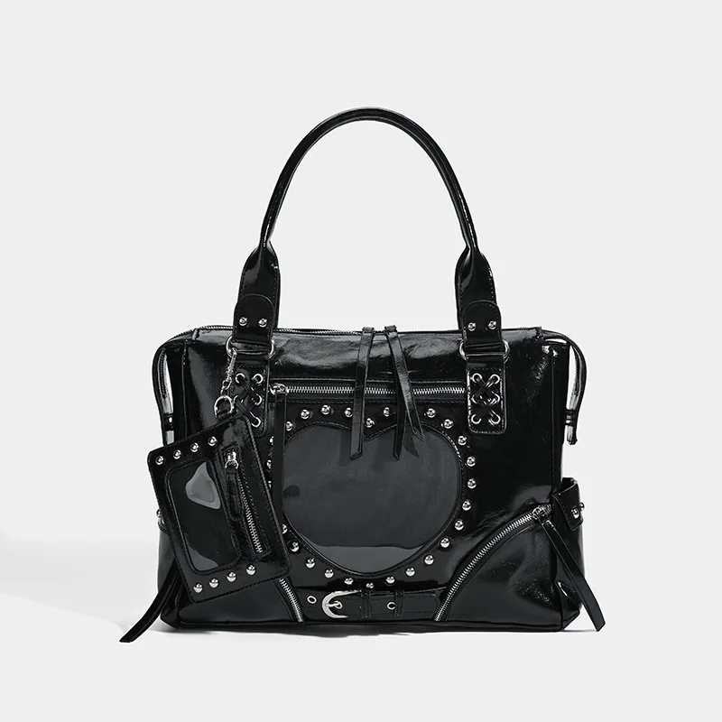 

Punk Leopard Print Rivet Motorcycle Ita Bag, Large Capacity Tote Shoulder Handbag, Retro Brand Transparent Pocket Bag For Women