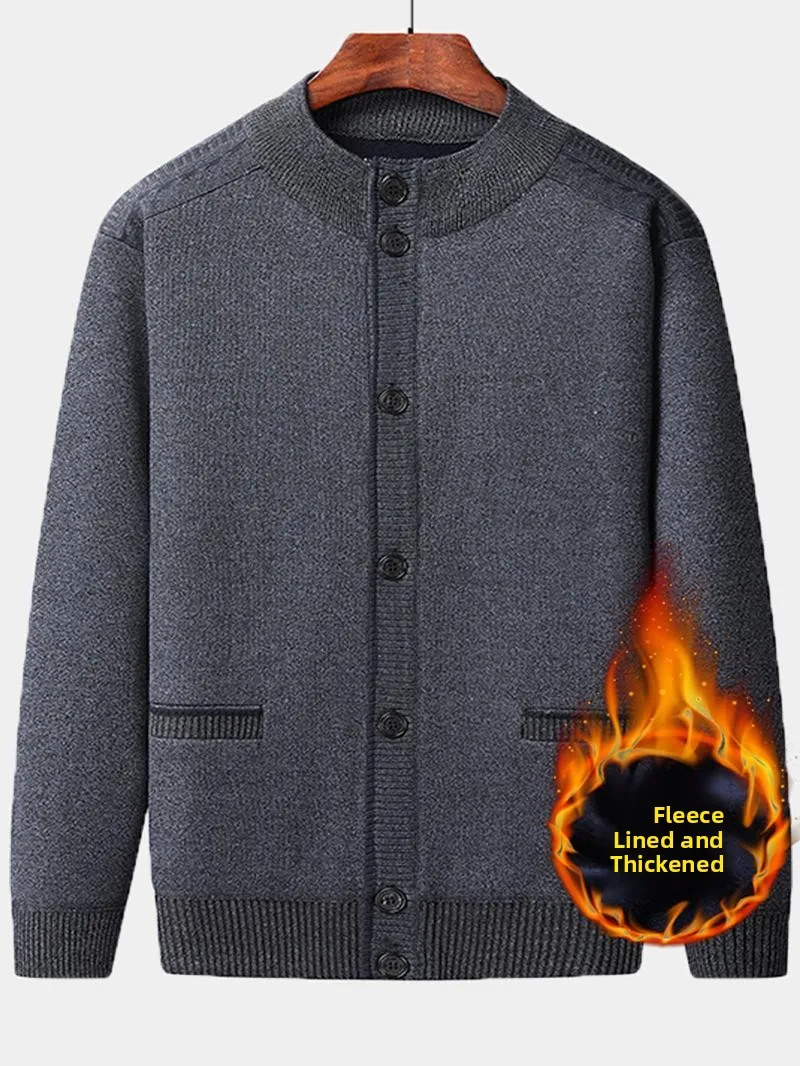 

Thiened Fce Вязаный свитер для папы на подкладке круглый кардиган Ne Теплая верхняя одежда для мужчин среднего возраста Повседневная зимняя мода Ci ...