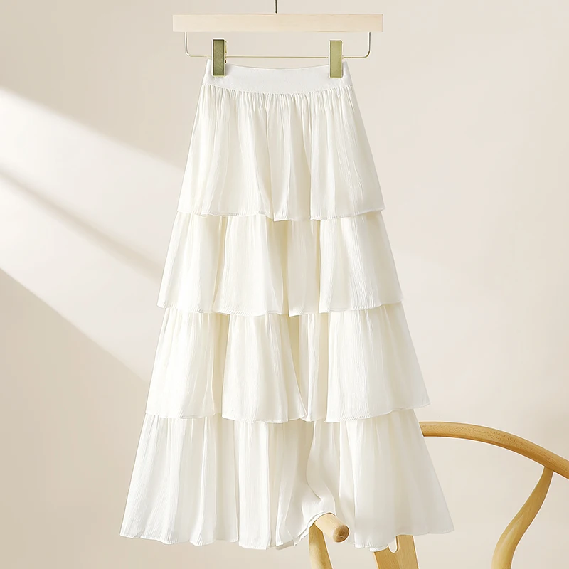 

Glimmering Tulle Cake Skirt Women's Mid-Length High-Waist Multi-Layer Pleated Pearl White A-Line f Skirt Commute Korean Sle