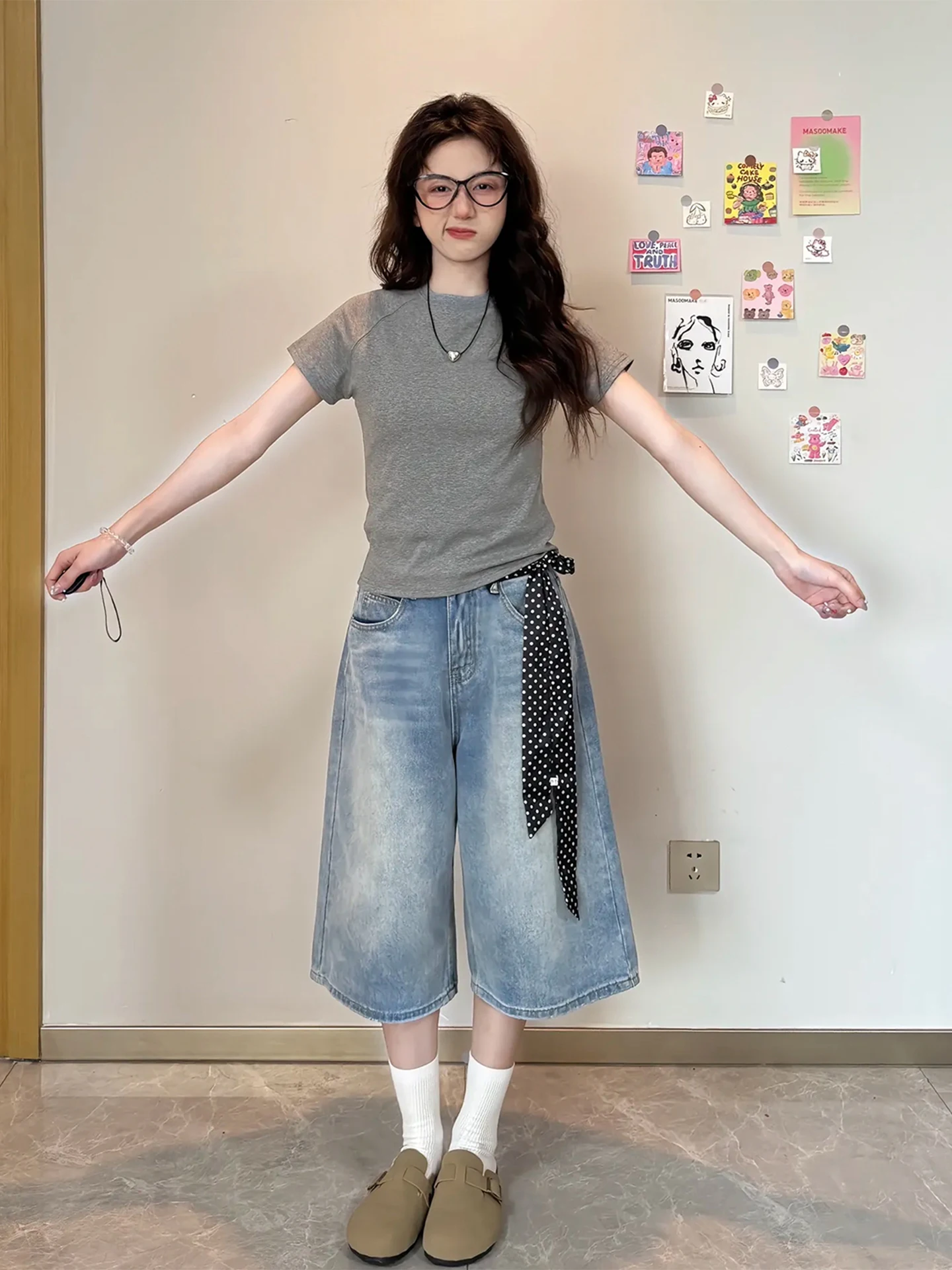 

Light Blue Men's Summer Thin Straight Leg Jeans Loose Wide Leg Pants Casual orts CleanFit 7/8 Length Straight Tube Trousers