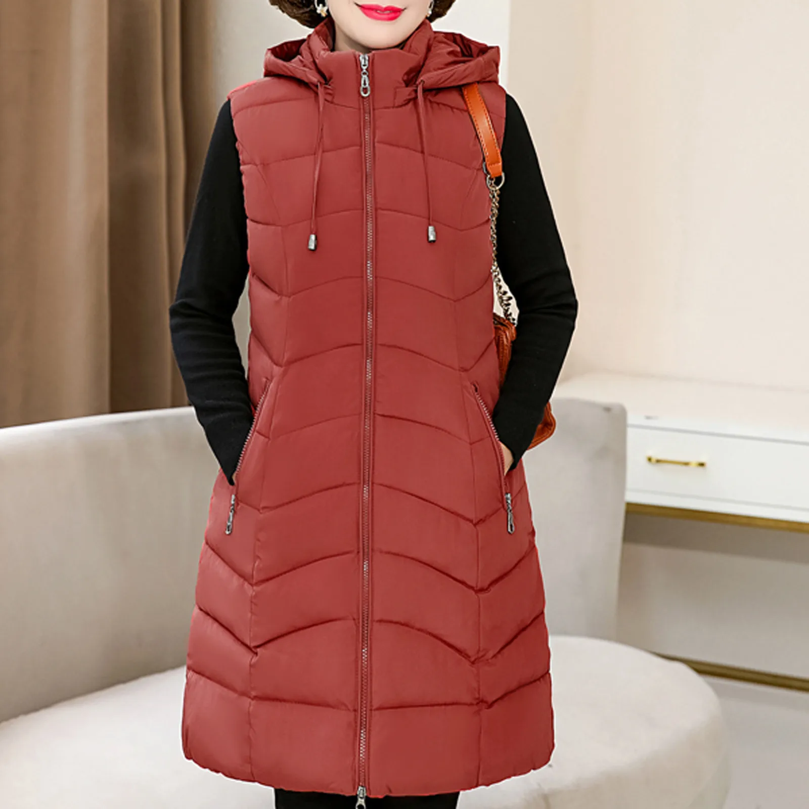 Cappotto lungo invernale senza maniche con cerniera calda con tasche con cappuccio Gilet da esterno Piumino Parka con cerniera tinta unita allentato da donna