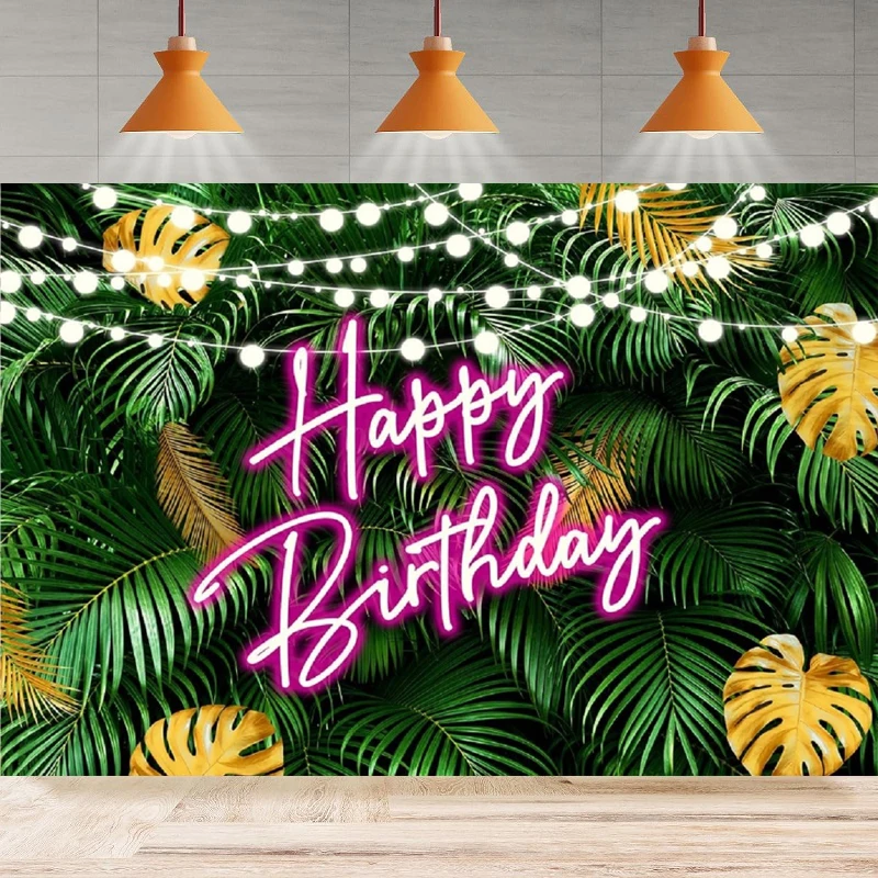 Gold Green Leaves Neon Happy Birthday Photography Backdrop Nature Jungle Safari Plants Lights Background Party Decoration Banner