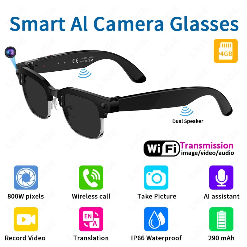 LIGE New AI 800W Camera Smart Glasses 1080P Video Record Bluetooth Call Sunglasses Voice Control Translation Color-change Lenses