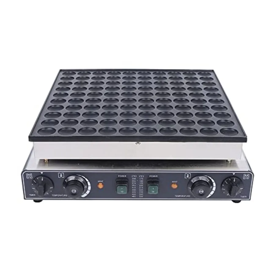 

Mini Pancake Baker for home and commercial use, stainless steel body, silver color, fast heating and non-stick cooking surface