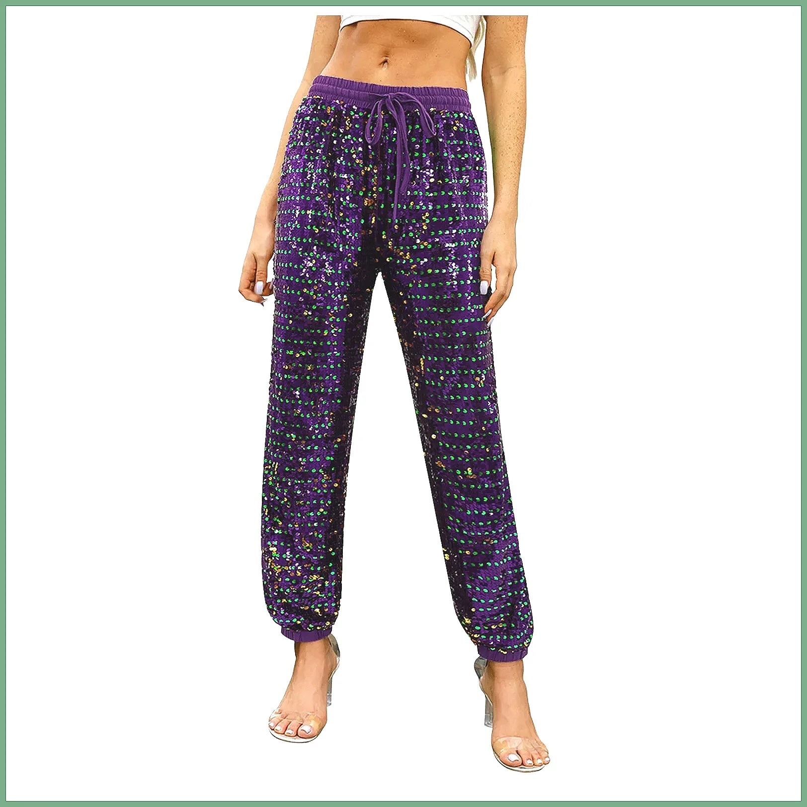 Women's Casual Straight Wide Leg Pants with Sequins, Drawstring Waist & Gradient Color