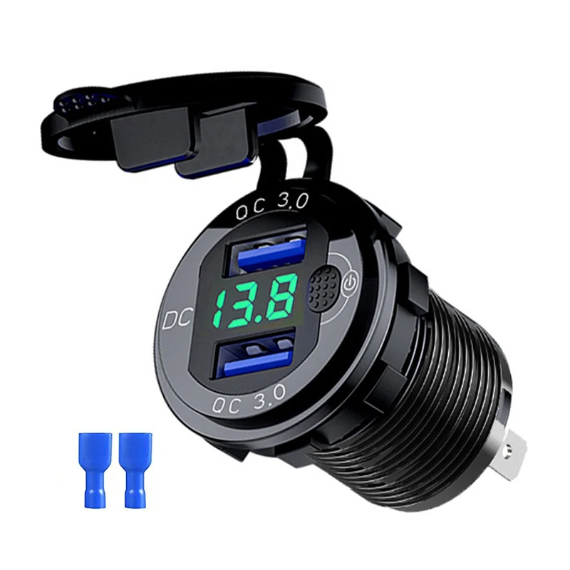 Snellader Aluminium QC3.0 Dual USB-autolader met schakelaarknop LED-spanningsweergave voor 12V / 24V auto's boten motorfiets