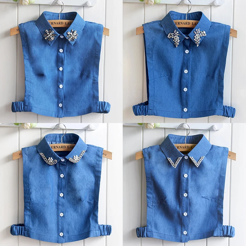 

Fashion Denim Blue Women Fake Collar Shirt Detachable Collar Female False Collar Solid Shirt Lapel Blouse Top Men Women