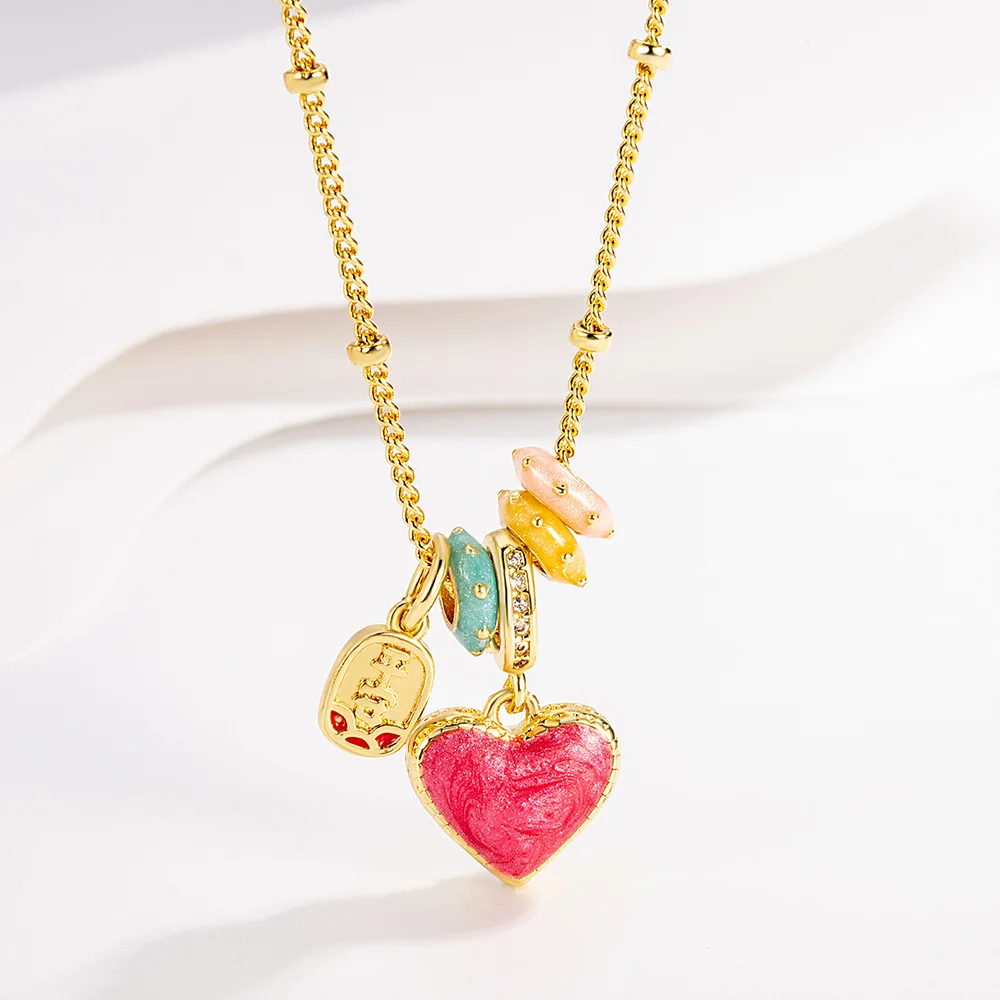 925 Silver Necklace Colorful Enamel Multi Heart Charm Pink Double-Sided Sweet for Women Girl Jewelry Gift Dropshipping Wholesale
