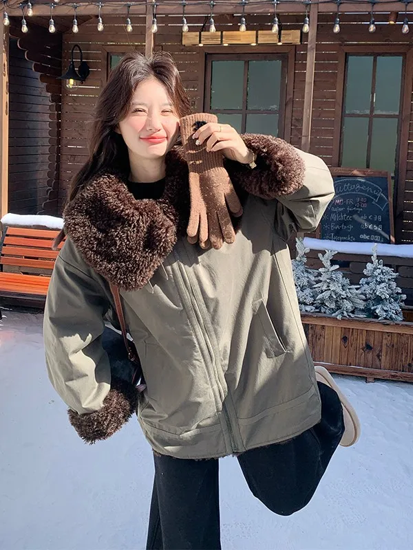 

Lamb Fur Collar Quilted ort Jaet Women's Winter Faionable Thiened Warm Coat Zipper Sle Korean Version Long Sve