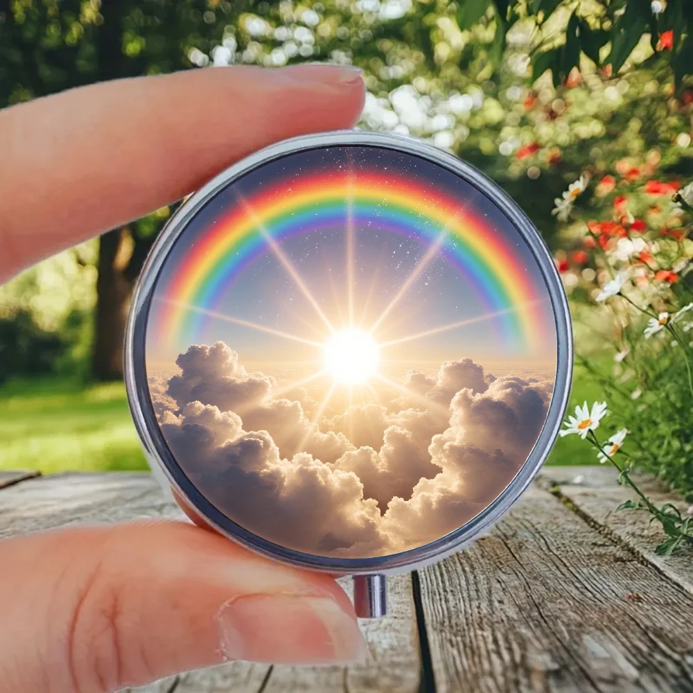 Two-Dimensional Flat Pill Box with Rainbow, Sun, and Cloud Designs, Featuring Three Compartments, Suitable for Travel and Daily Use, and Safe