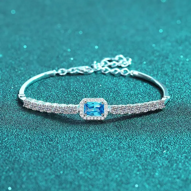 

S925 sterling silver hand-inlaid moissanite bracelet female rectangular chamfered edge diamond sapphire blue color stone light l