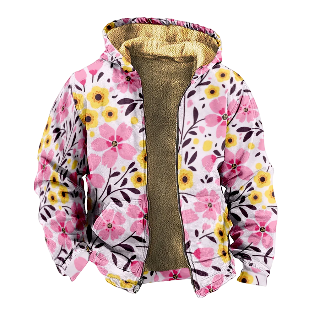 Men's Winter Jackets Coats,Stylish Retro Pink Flora Print Pattern Cotton Clothes Overcoat Masculine Dress Up Beach