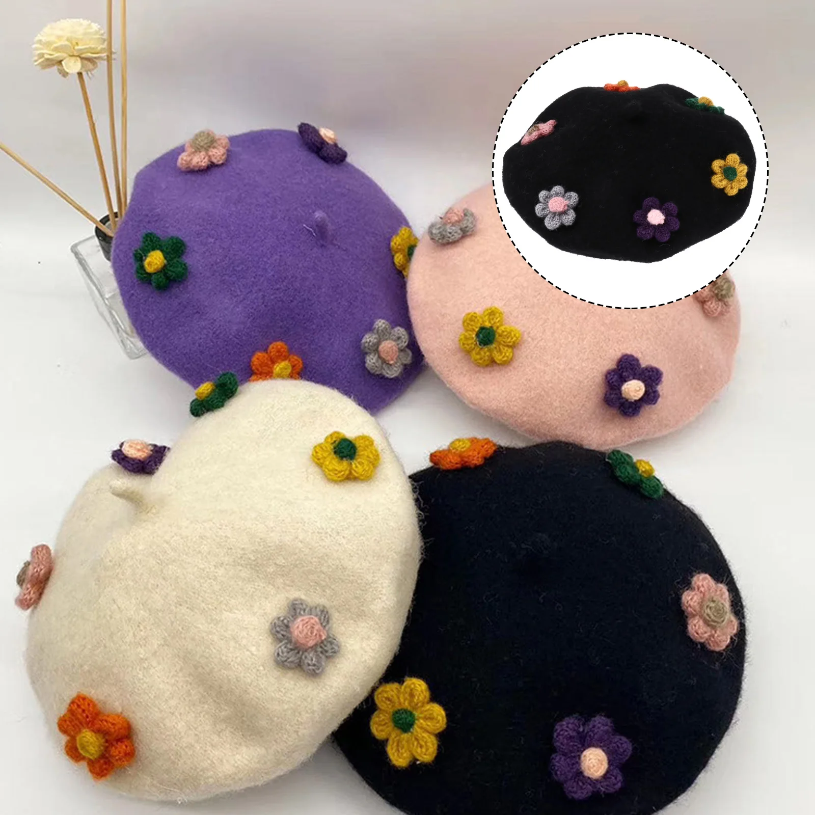 

Flower Beret Kids Woolen Hat Fashionable Childrens Beanie Cap Warm Breathable Soft Comfortable Spring Autumn Winter Hats