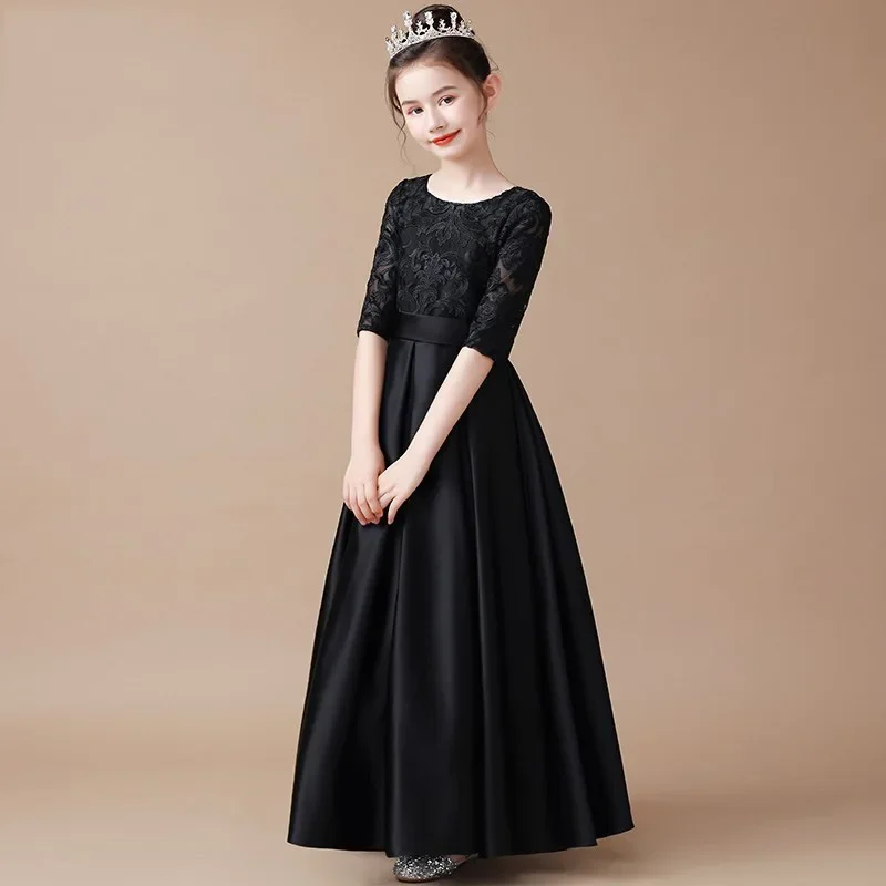 Girls Black Long Skirt Kids Elegant Prom Wedding Birthday Party Lace Formal Dress Teen Violin Piano Performance Host Vestidos