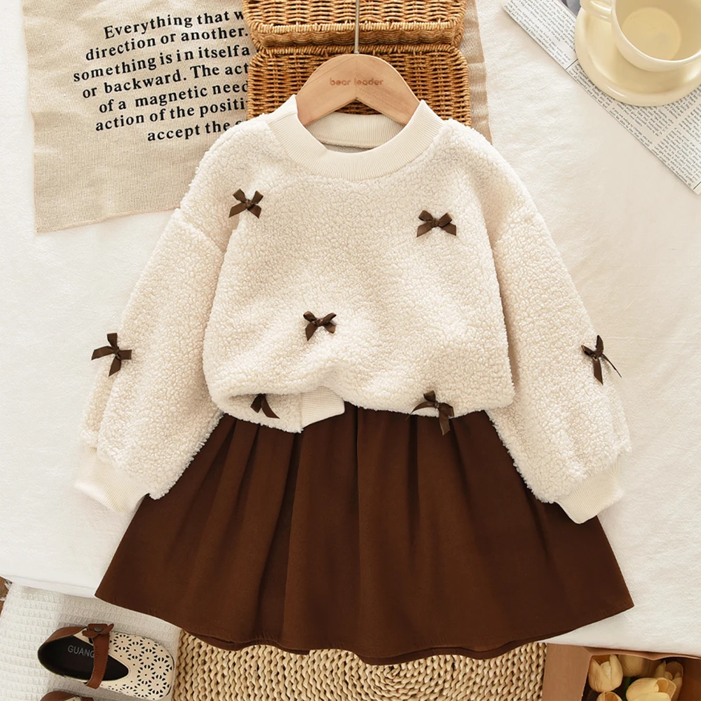 Khaki Fashion Autumn Winter New 3-7 Year Old Girls' Round Neck Long Sleeve Bow Top+pleated Skirt Two Piece Set Korean Version