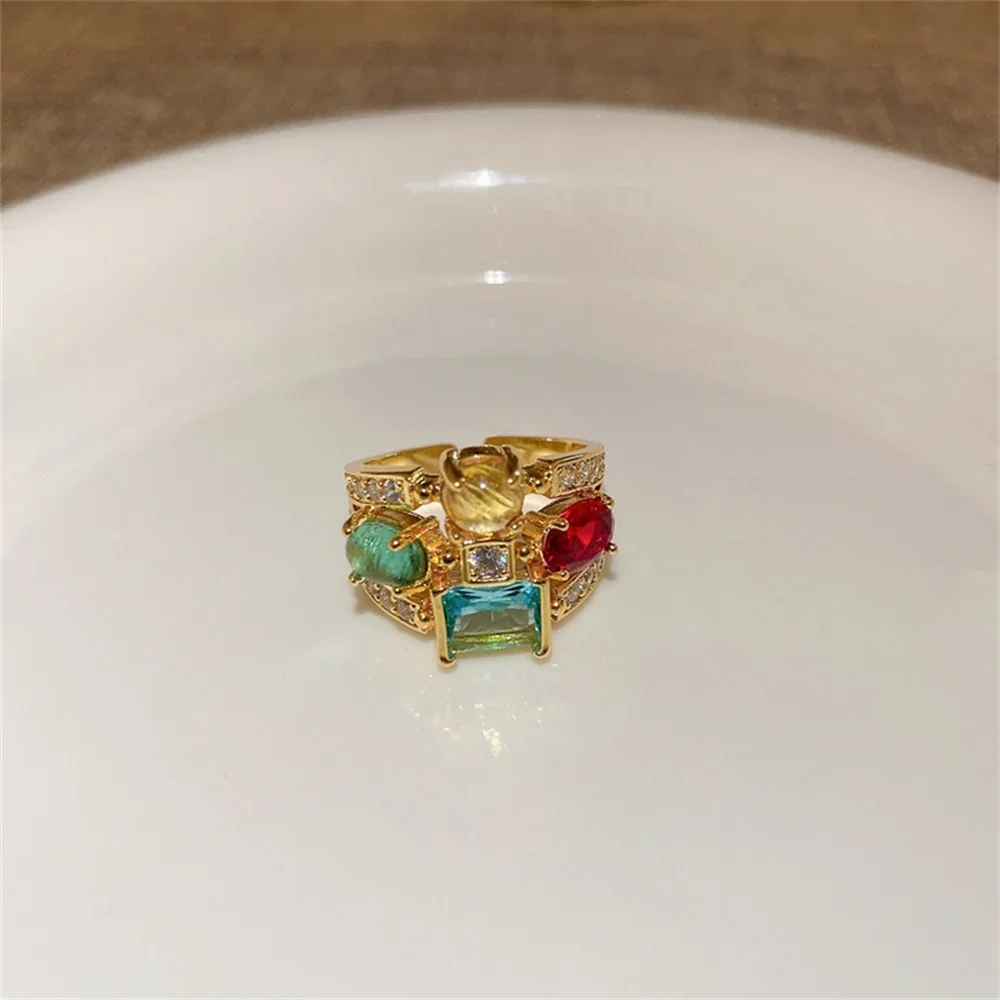 Zircon Crystal Geometric Oval Multi-Layered Colorful Cuff Ring For Women Fashion Luxury Party Jewelry Accessories