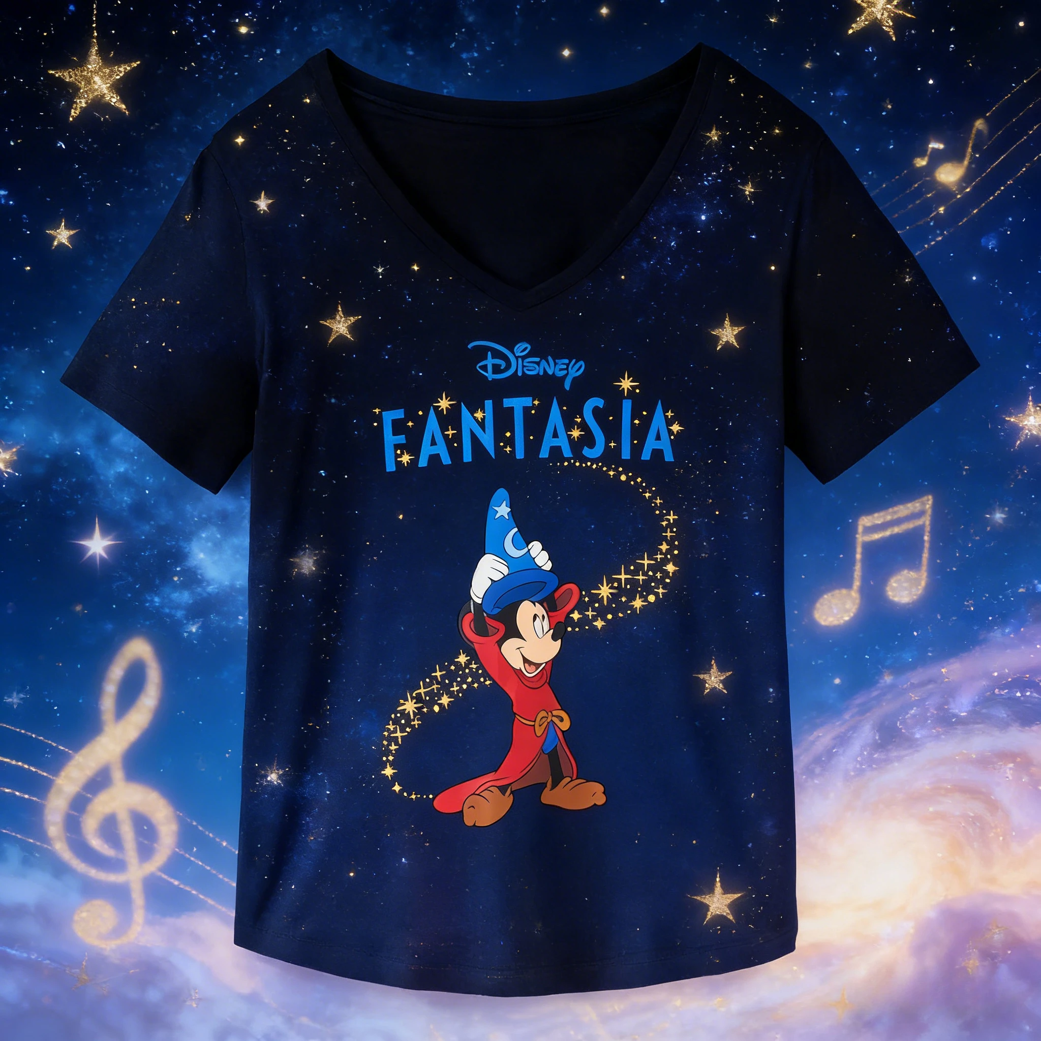 2025-26 verano Disney "Fantasia" mago Mickey 85 aniversario 100% Camiseta estampada de algodón puro Top informal al aire libre Y2k
