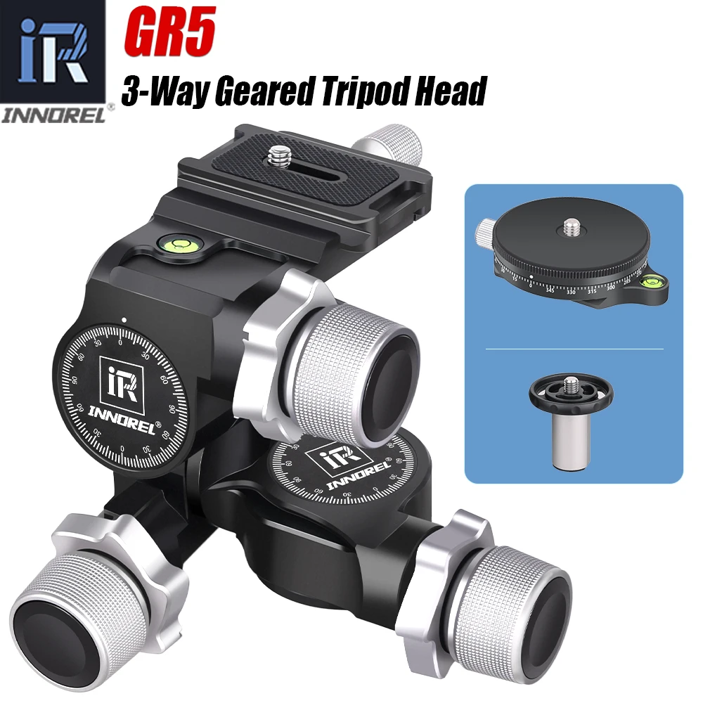 INNOREL GR5 3-Way Geared Tripod Head CNC Aluminum Alloy, Millimeter Micro Adjustment, with Arca Type QR Plate, Load Capacity 6kg