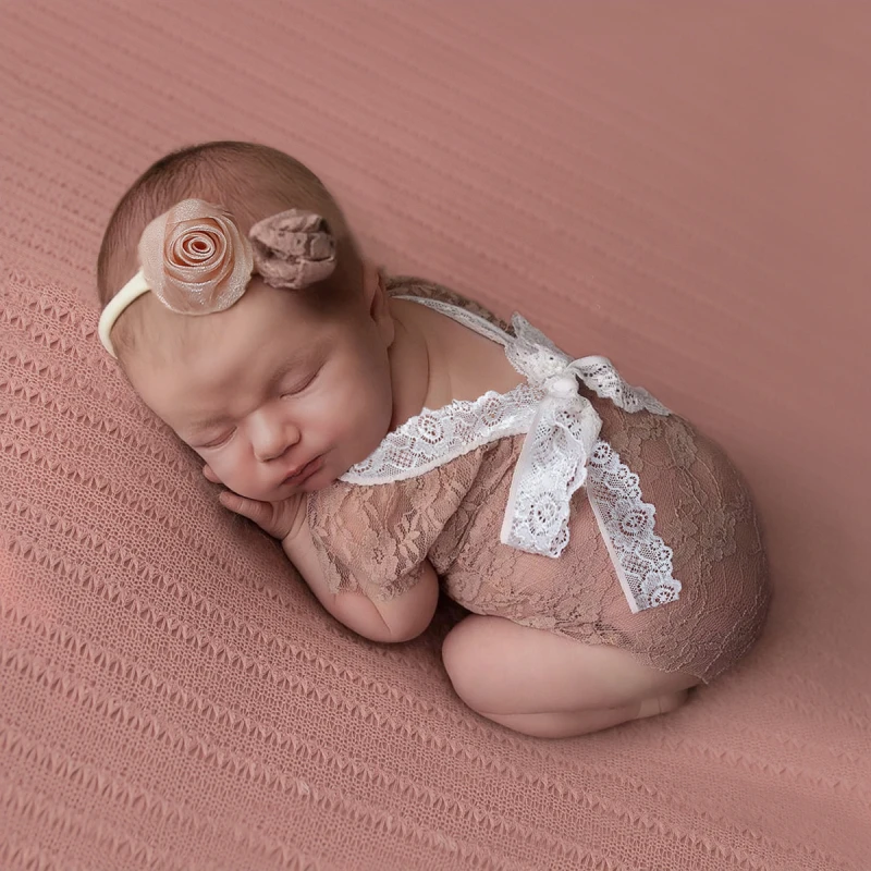 Ylsteed 2 Pieces Set Dusty Pink Newborn Girl Photography Outfits Baby Lace Romper with Bowknot Floral Headband Infant Photo Prop