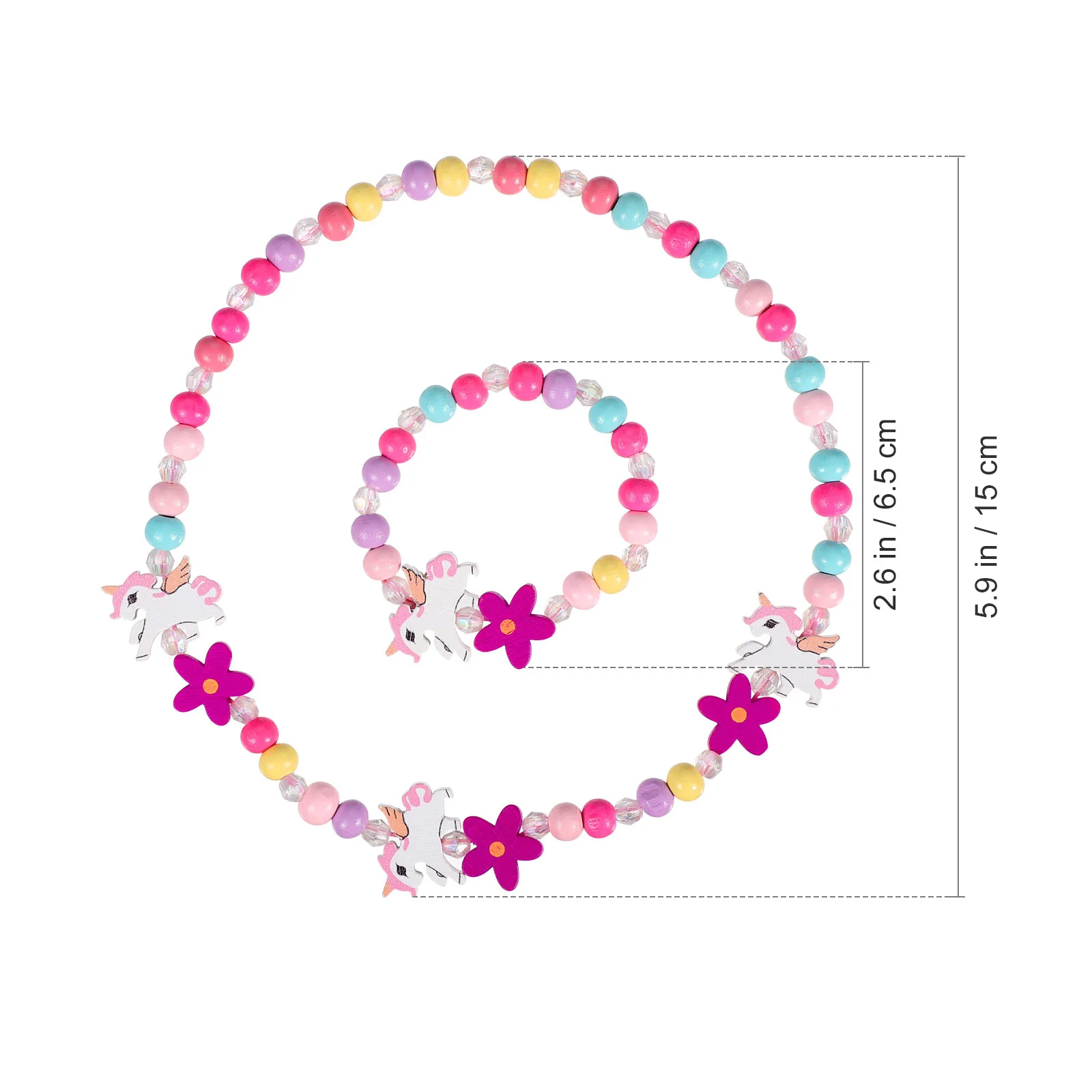 Gelang manik-manik kayu anak perempuan, Set perhiasan kalung Unicorn untuk manik-manik kecil