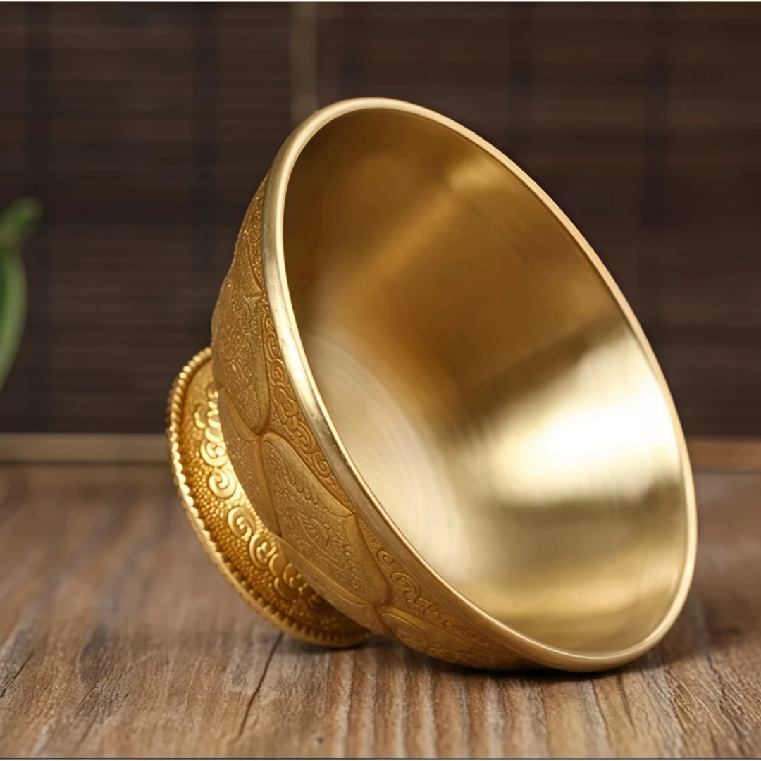 Tibetan Pure Copper Water Offering Bowls with Auspicious Carvings - Buddhist Altar Holy Cups for Wealth Deity