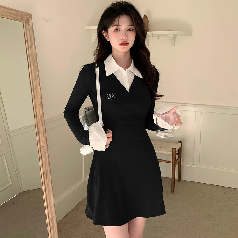 Fake Two-piece Chic Female Dresses Simple Contrast Color Knitted Shirt Dress