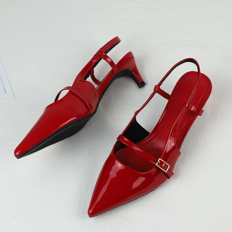 Lakleer Dames Sandalen Sexy Puntige Neus Rug Riem Gesp Zomer Slingback Schoeisel Grote Maat Hoge Hak Rode Trouwschoenen