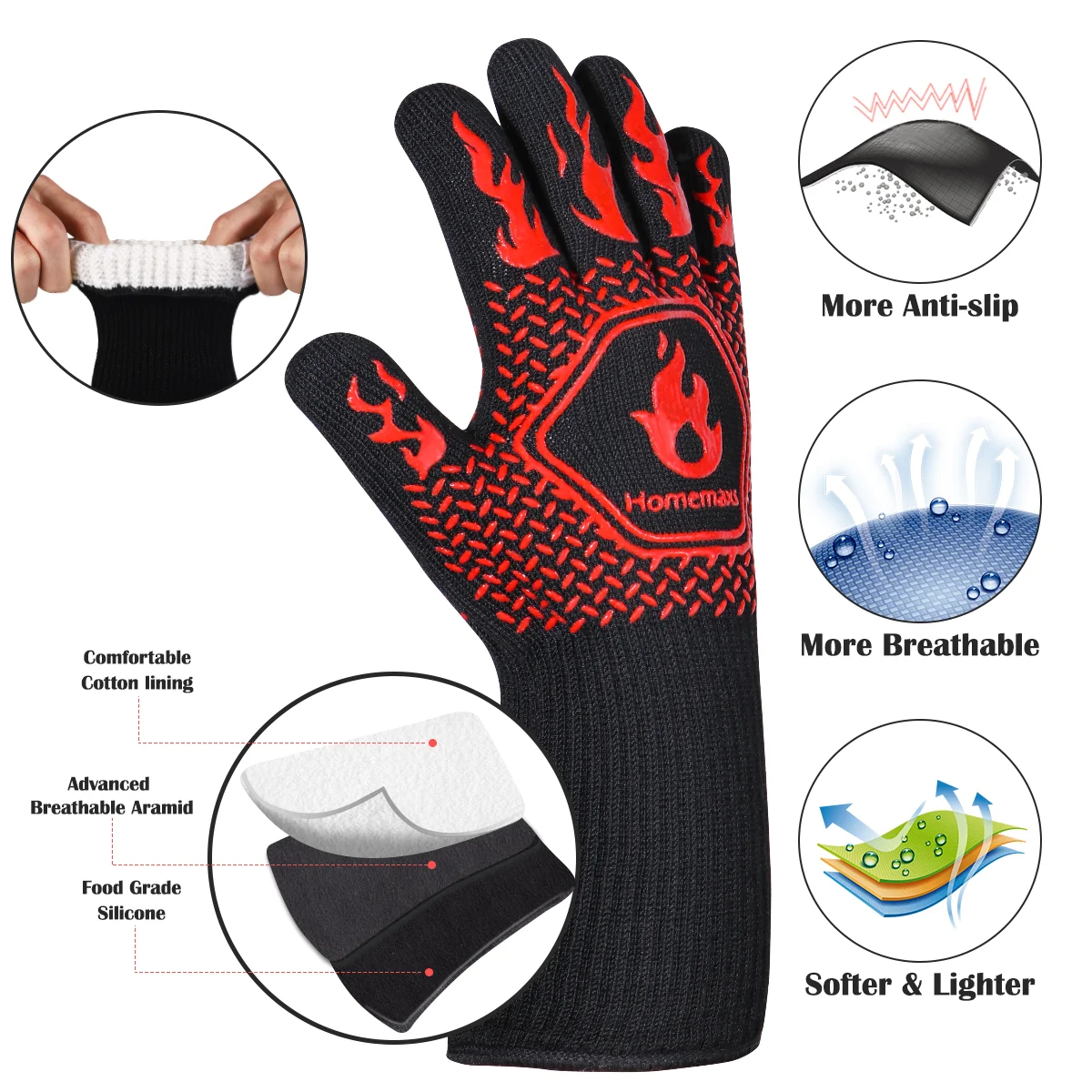 HOMEMAXS Par de manoplas para horno resistentes al calor inferiores a 800 ℃   Guantes protectores para asar barbacoa y silicona de algodón (negro, rojo)