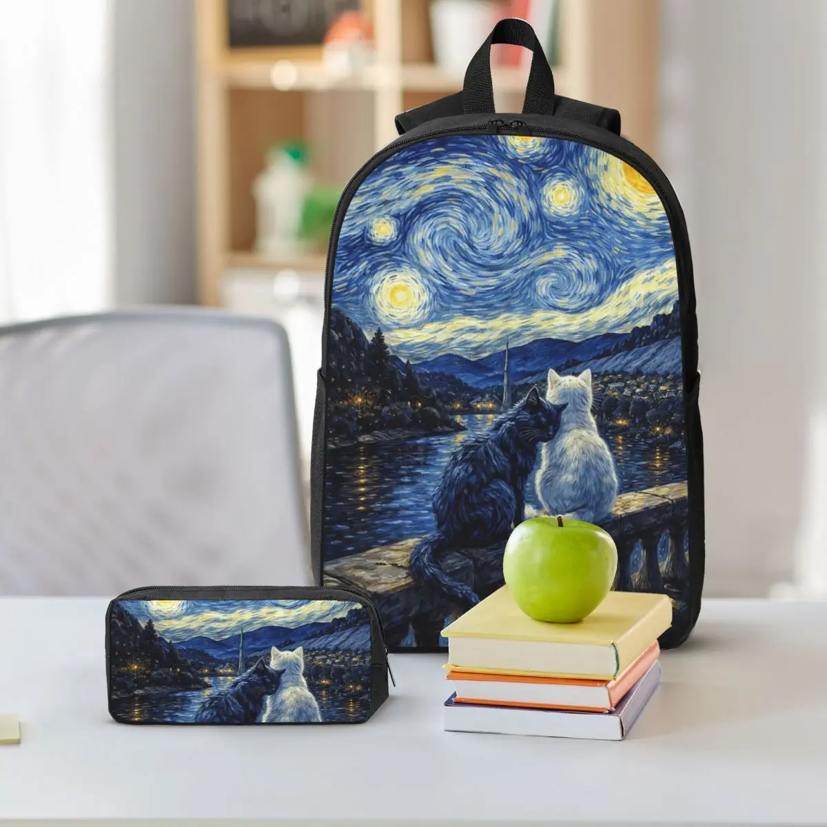 Starry Night Cats Artistic Backpack Student BookBag School Bag Shoulder Bags 3ps Insulated Lunch Bag Pencil Case