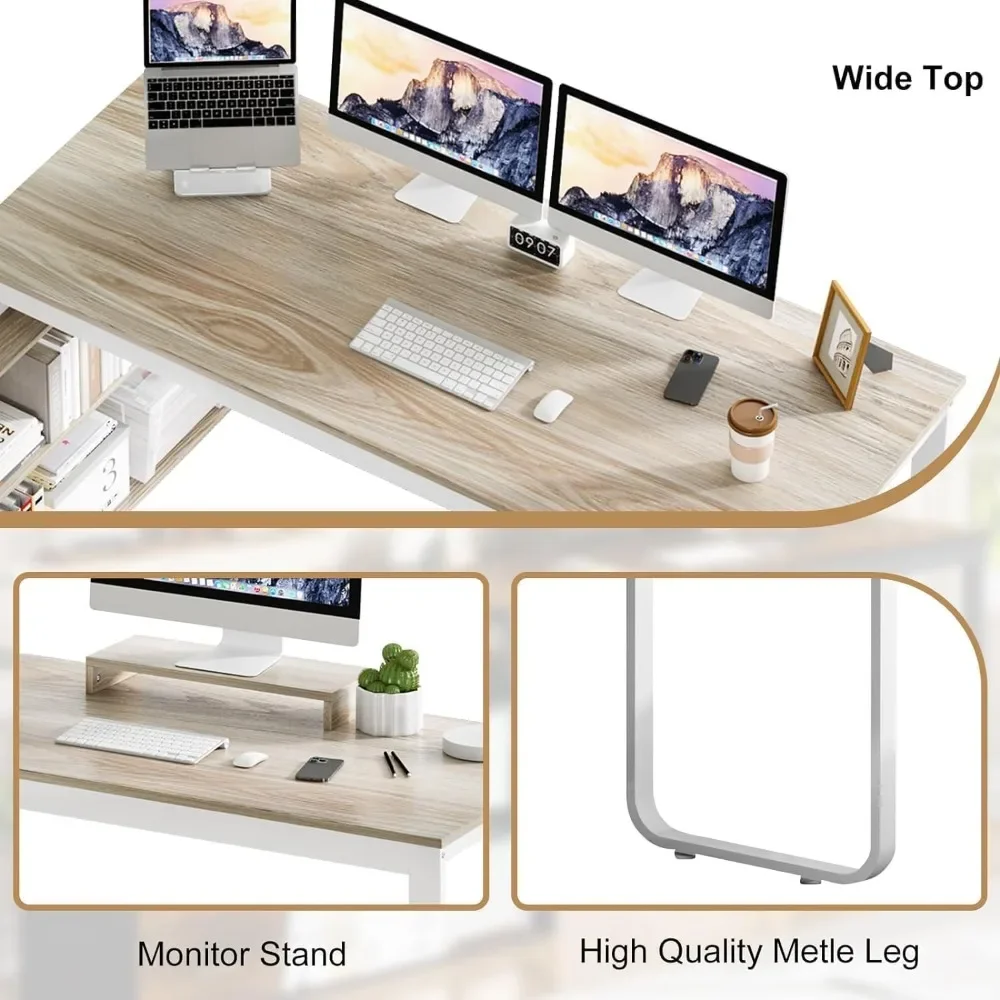 55 Inch Reversible L Shaped Computer Desk with 3 Drawers, Corner Desk with Storage Shelves and Removable Monitor Stand