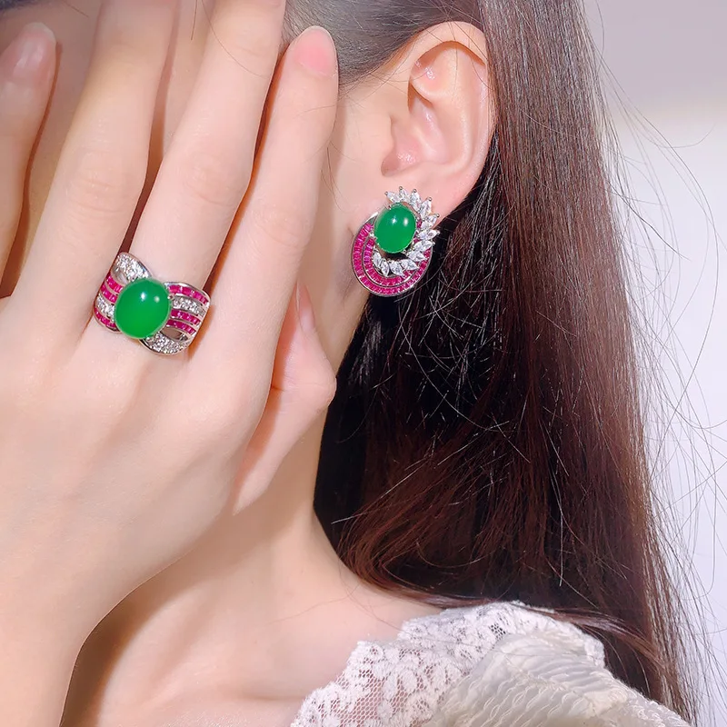 Oval Green White Stone Jewelry Set Red Baguette CZ Ring & Drop Earrings Women Banquet Vintage Statement Jewelry Kit